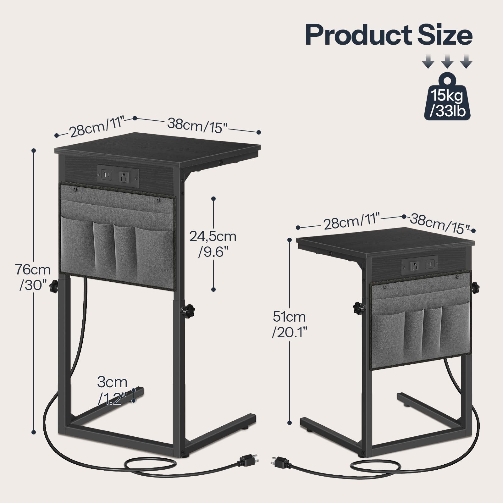 BB77USF01 Black C Shaped End Table With Charging Station Adjustable Height