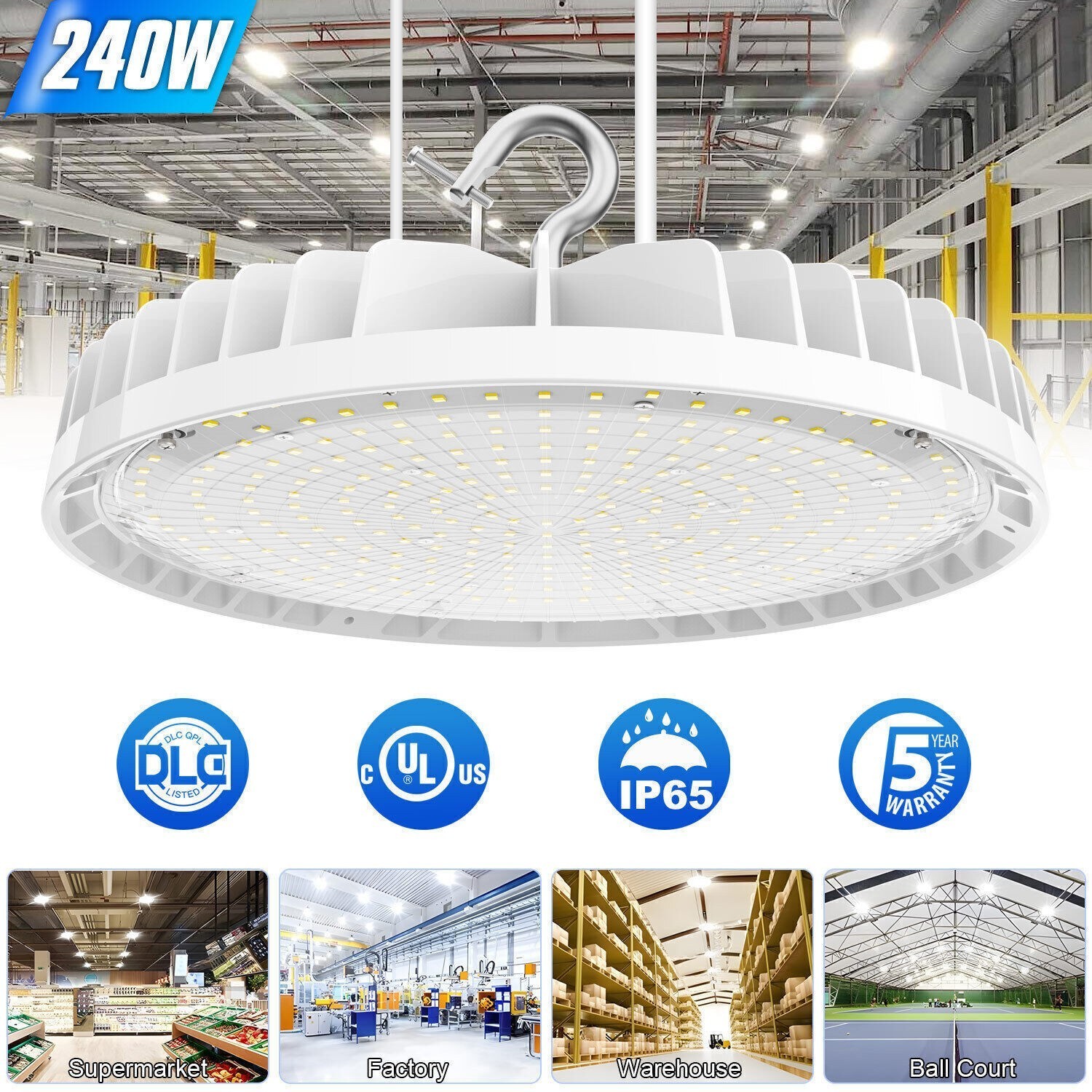 240W UFO Led High Bay Light Commercial Warehouse Factory Shop Lamp Fixture 5000K