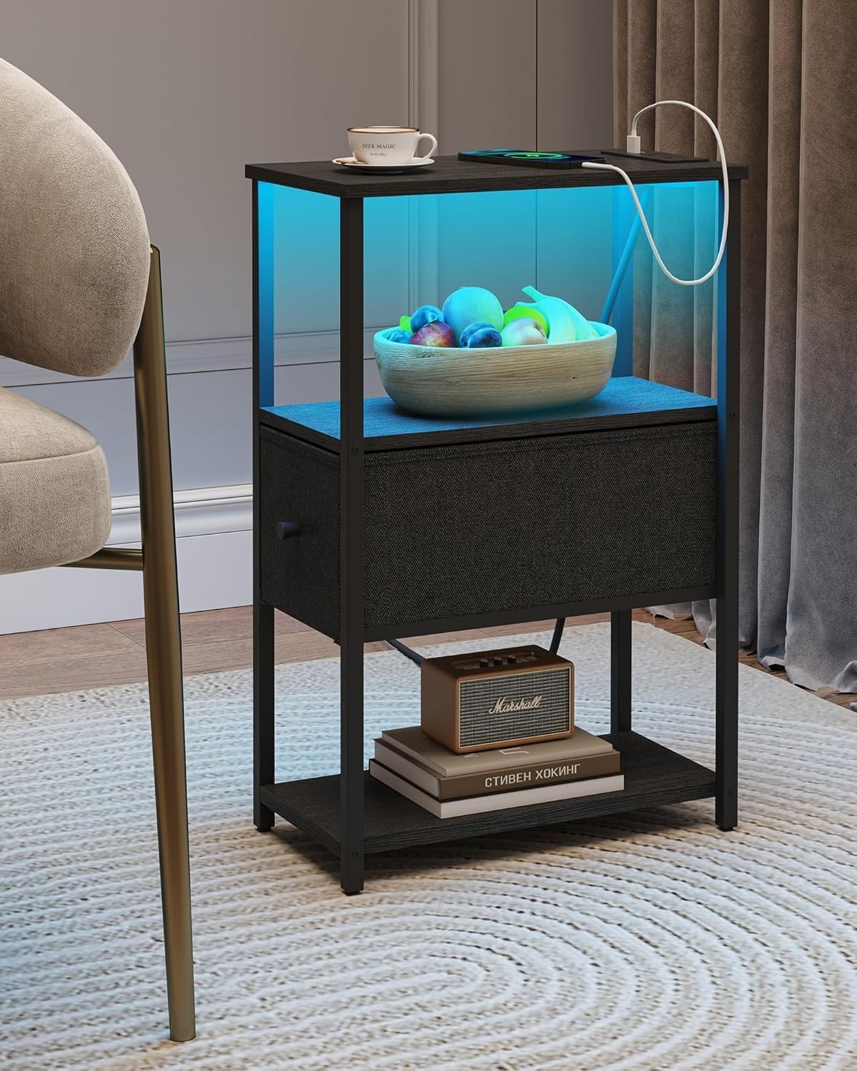 Small Narrow LED End Table with Charging Station, Side Table Outlets, Nightstand
