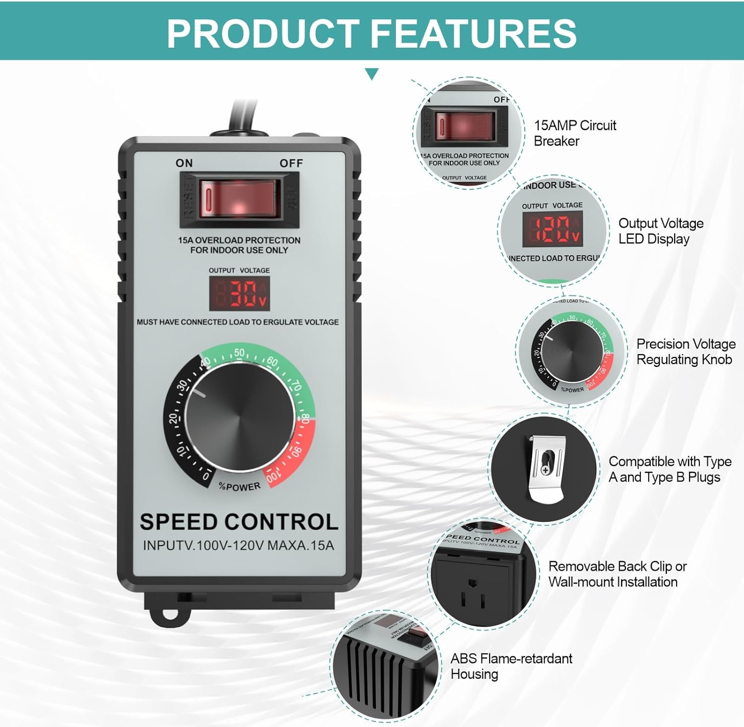 High-Capacity AC Motor Speed Controller 120V 15A 4000W Universal Variable Speed