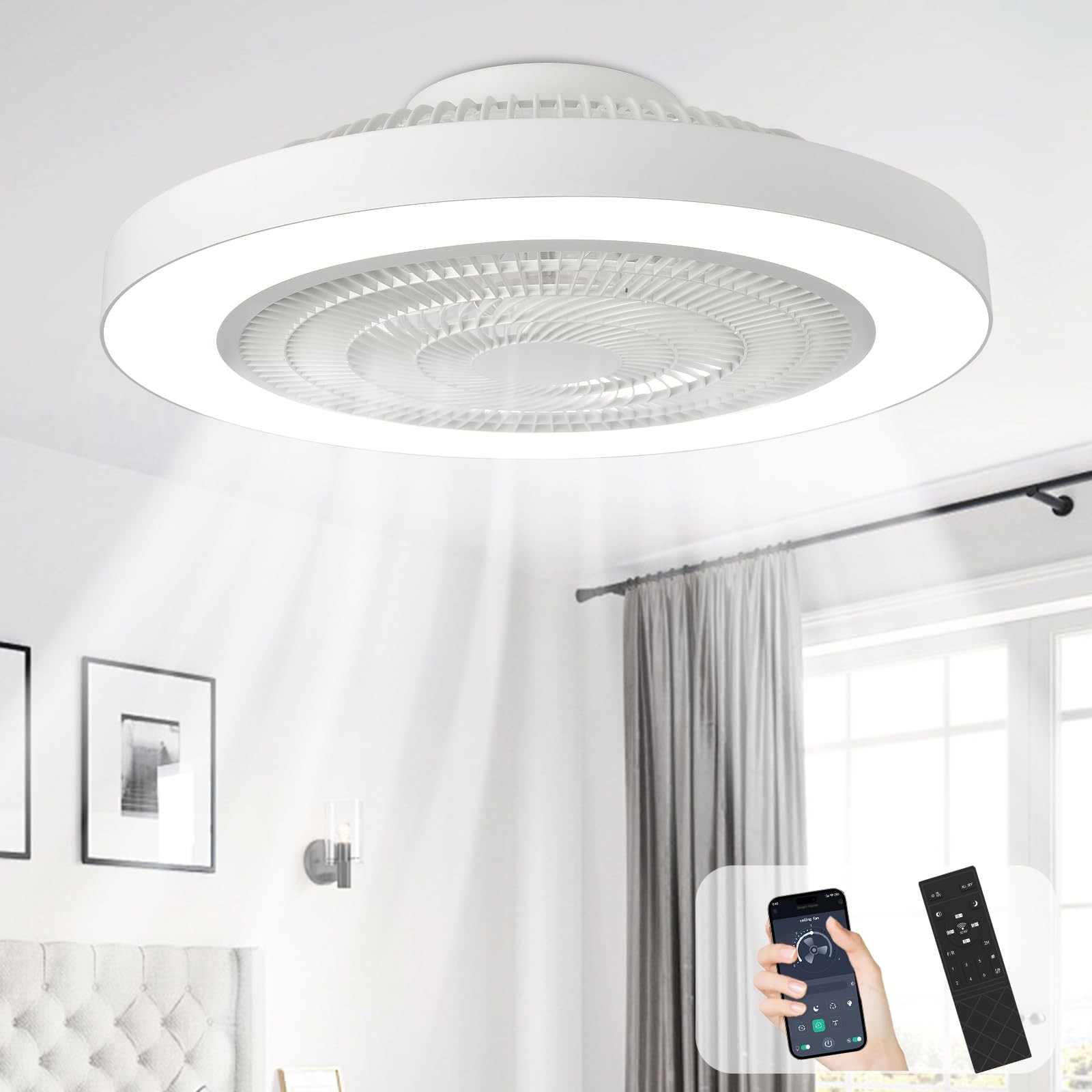 Modern Ceiling Fan with Light: 19" Bladeless Flush Mount Low Profile LED Ceil...