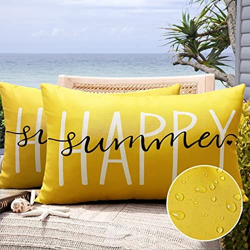 Pack of 2 Happy Summer Outdoor Waterproof Pillow covers 12" x 20"  Yellow