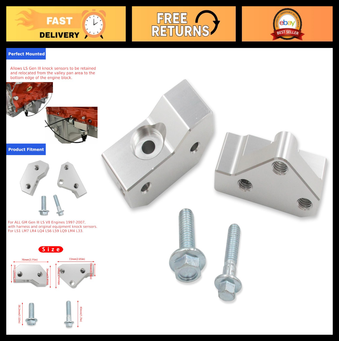2Pcs Knock Sensor Relocation Bracket Kit for GM LS V8 Engines 1997-2007 - LS1, L