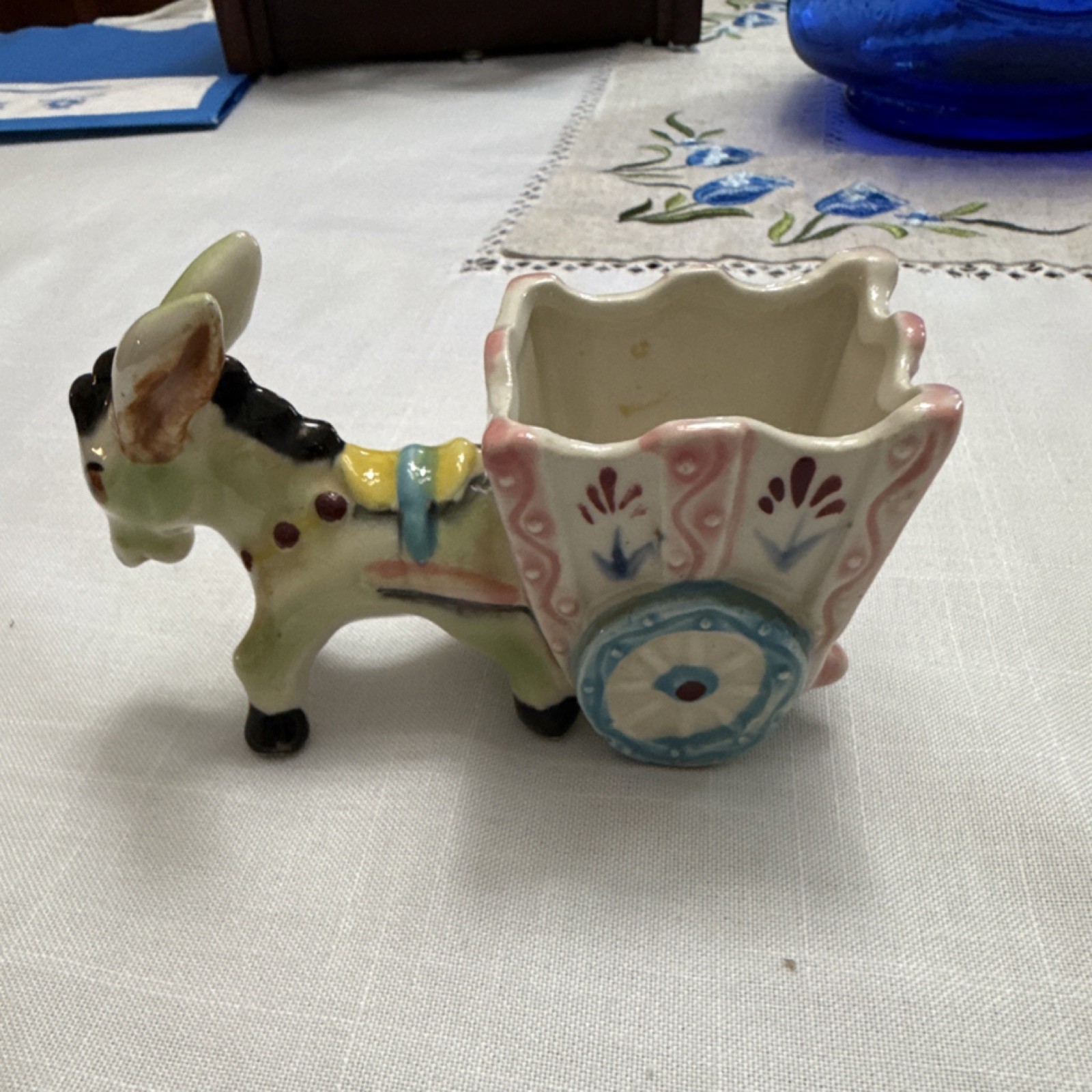 Wales Hand Painted Ceramic Donkey Cart Planter Vintage 1950s Multicolor Glazed