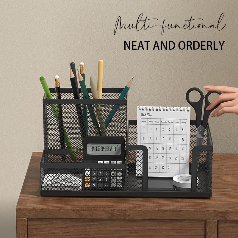 Black Mesh Desk Organizer - 3 Compartments with Pencil Holder & Storage Baskets,