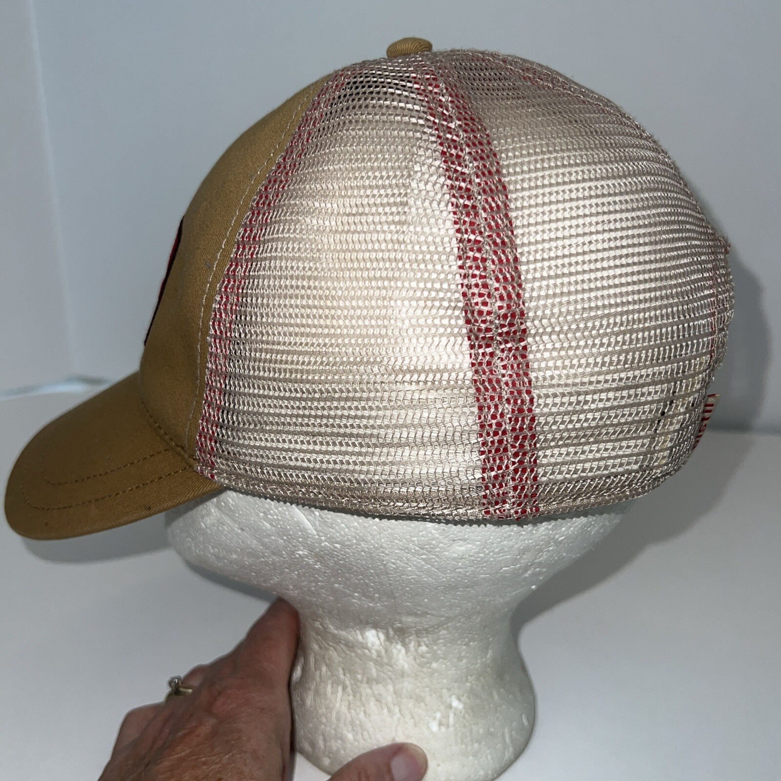 PISTIL Built 03 Hood River ORE Hat Cap Trucker with Gold fabric, Tan Mesh Red
