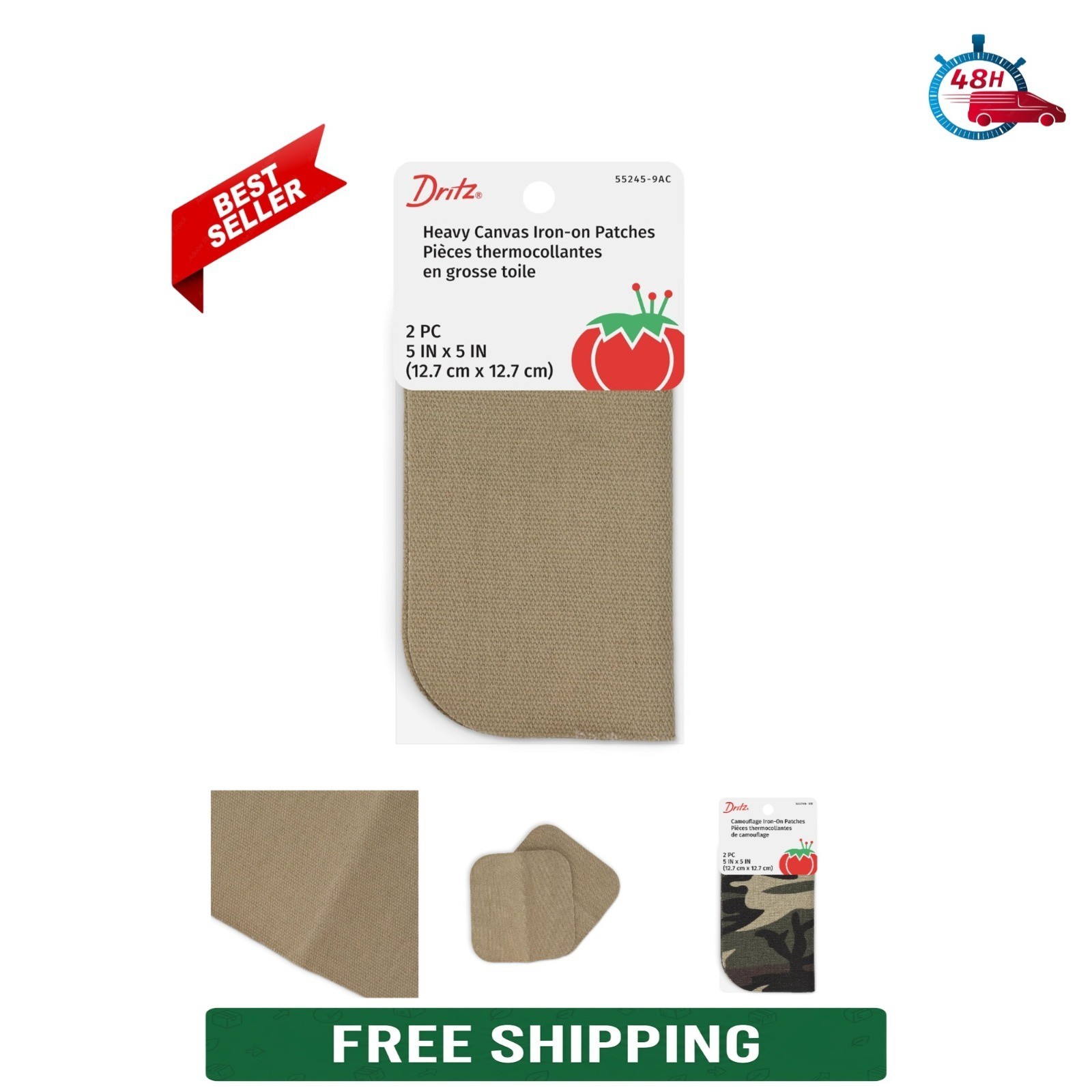 Dritz Heavy Canvas Iron-On Patches 5x5 Inch, 2 Count, Stone