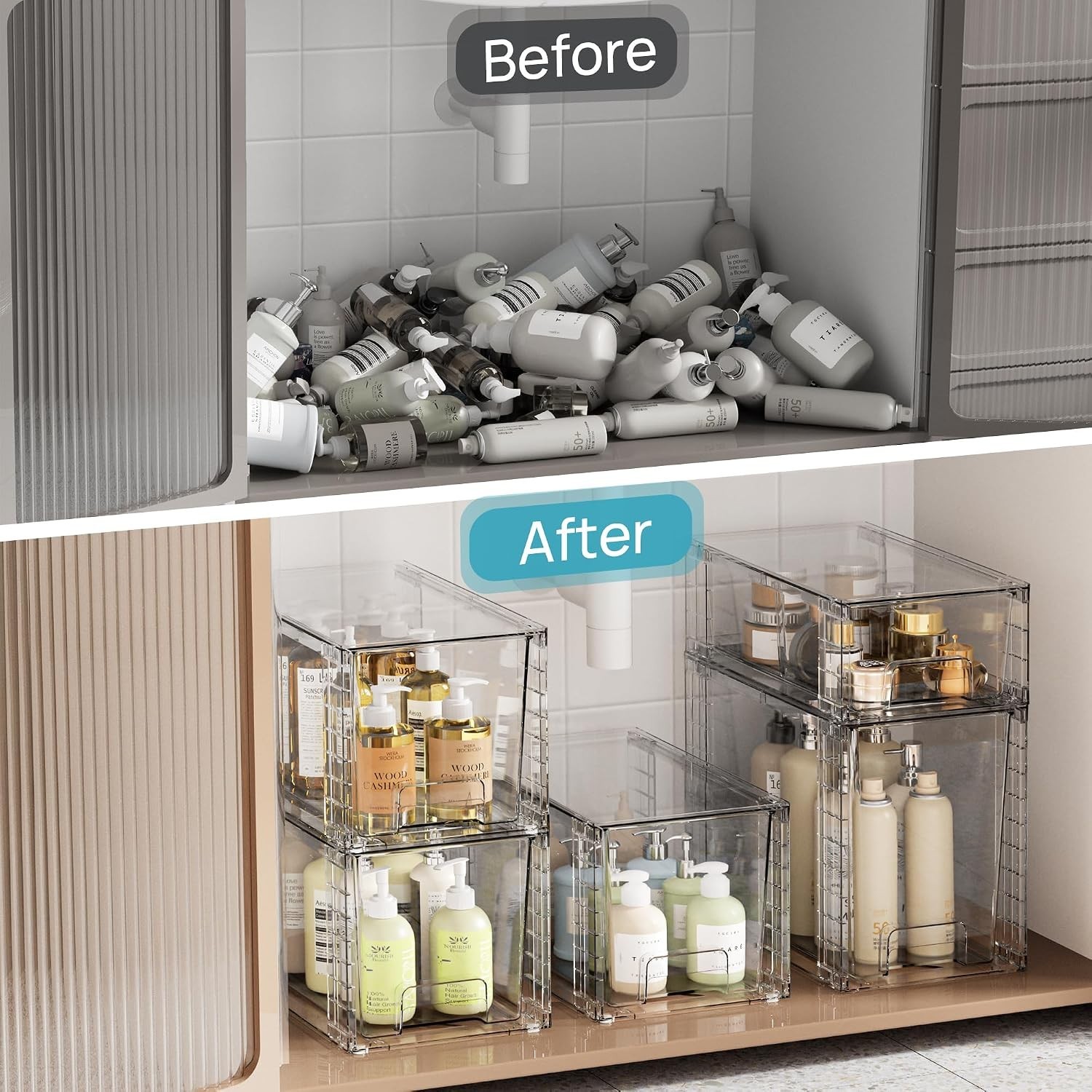 3 Pack Clear Stackable Storage Drawers,Easy to Assemble Bathroom Organizers a...