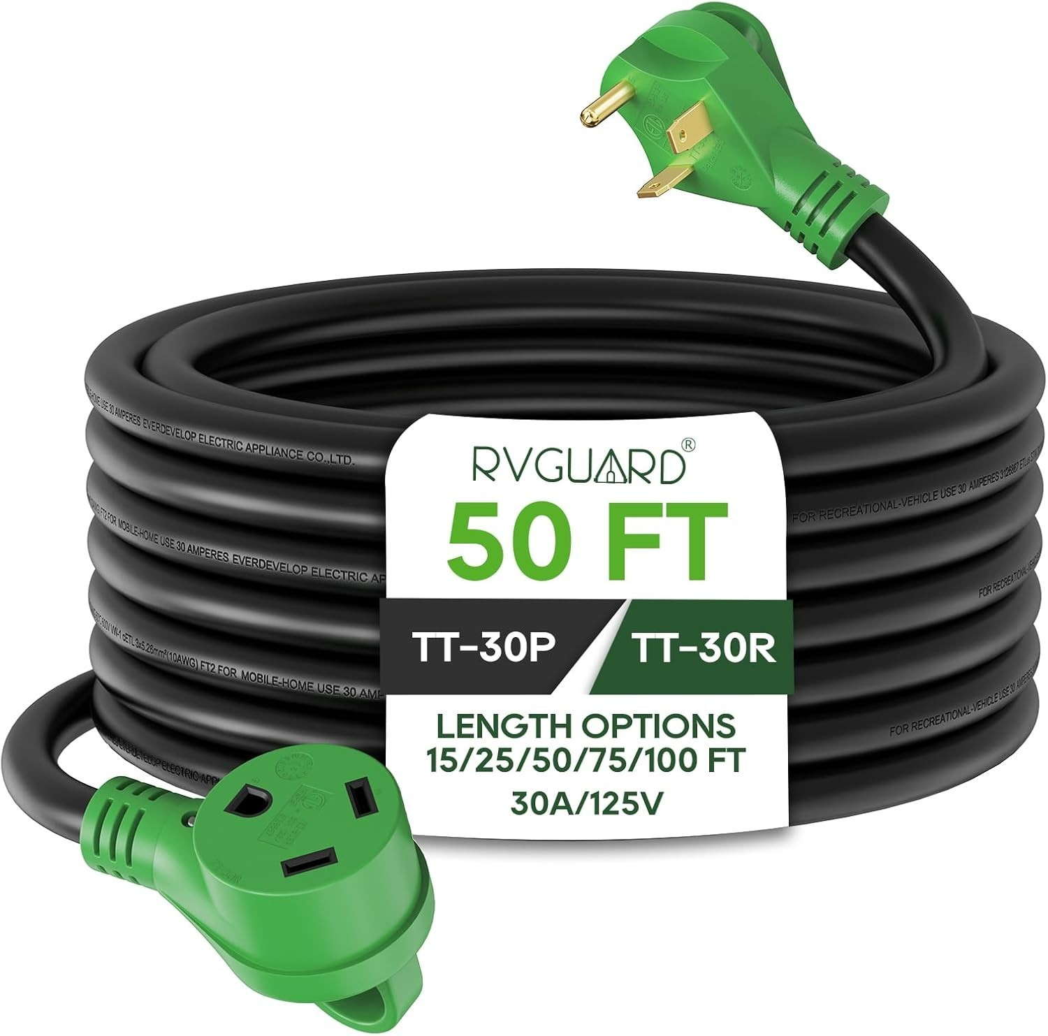 30 Amp 50 Foot RV Extension Cord,Heavy Duty 10/3 Gauge STW Cord w/ LED Indicator