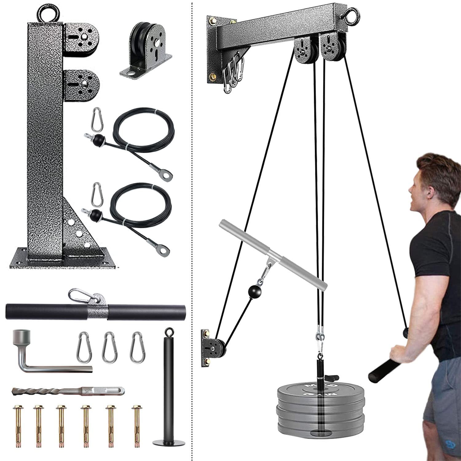 Wall Mount Pulley System Cable Gym Lat Pull Down Low Row Home Fitness