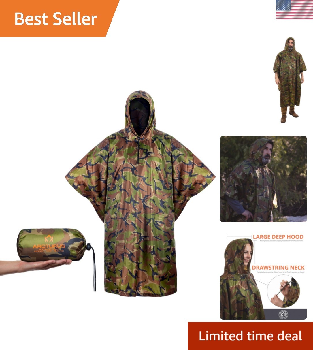 Lightweight Waterproof Rain Poncho with Adjustable Hood - Perfect for Outdoors