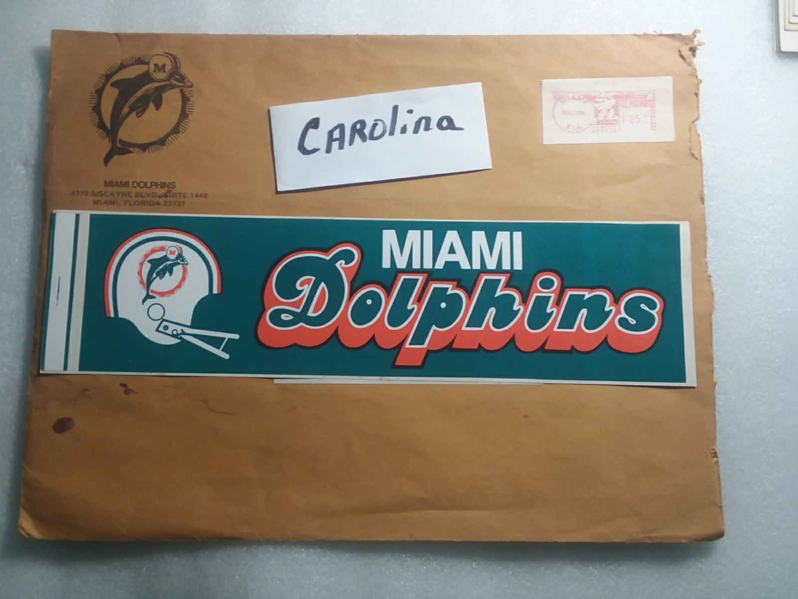 VINTAGE NFL 1987 MIAMI DOLPHINS BUMPER STICKER   AQUA ORANGE ORIGINAL