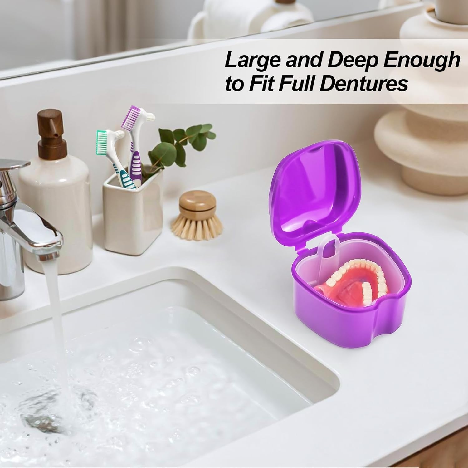 Denture Bath Case Denture Cleaning Cup with Brush Set, 2 Pack False Teeth