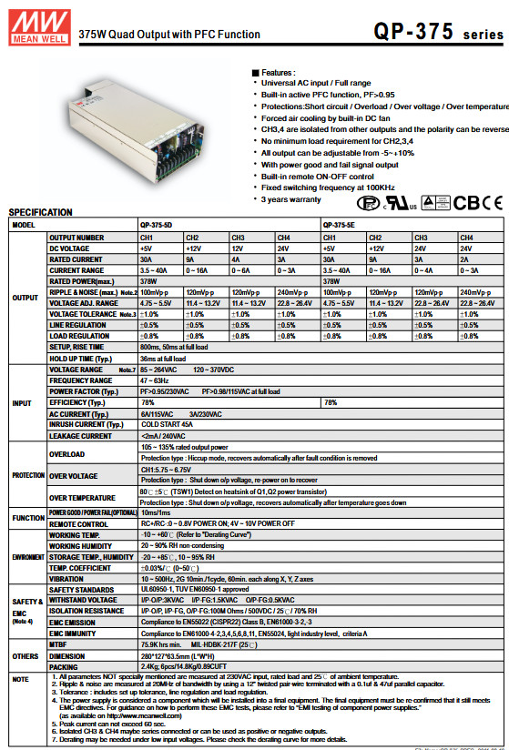 Mean Well QP-375-5E Quad Power Supply, Brand NEW!