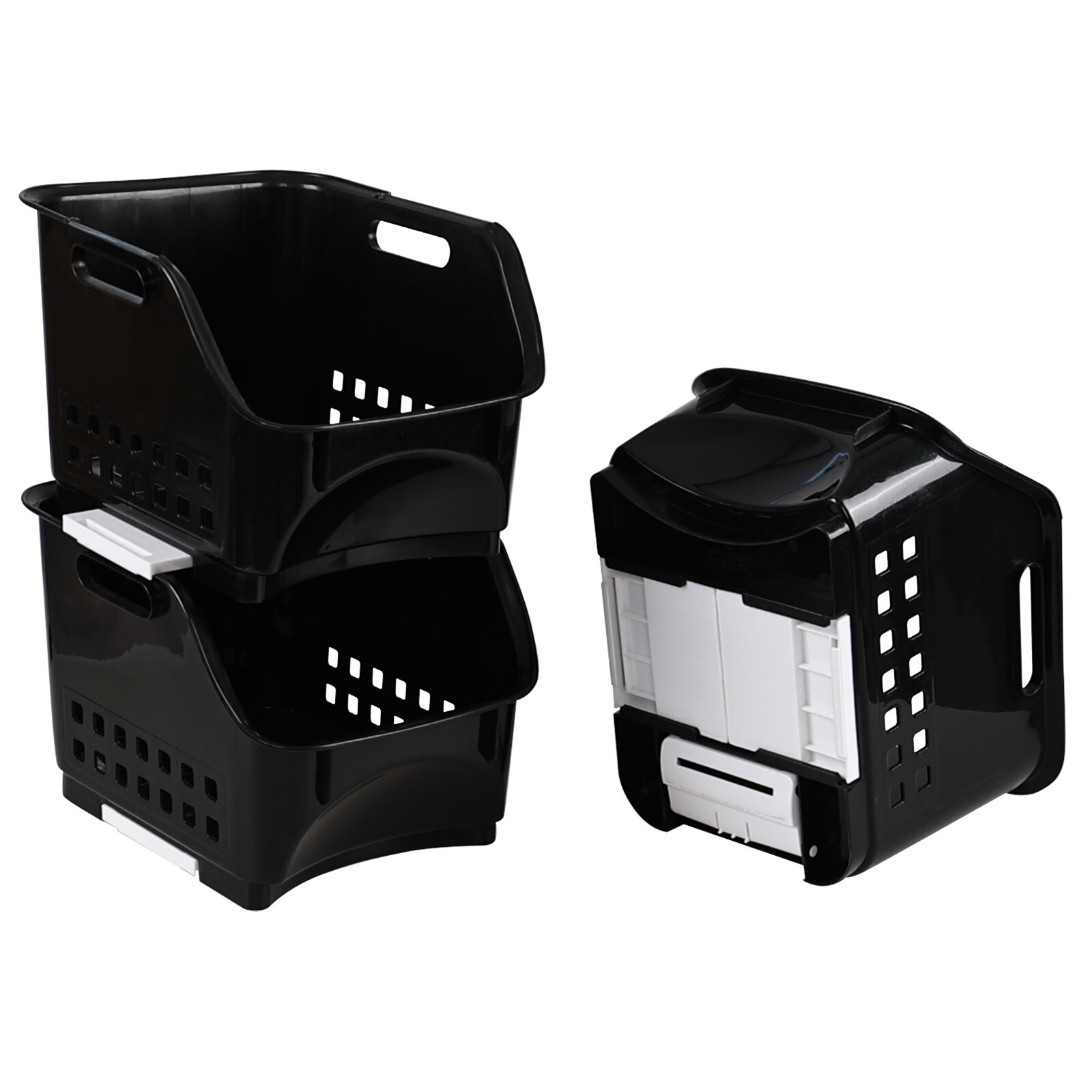 3 Packs Plastic Stacking Storage Basket, Large Detachable Stacking Bins, Black