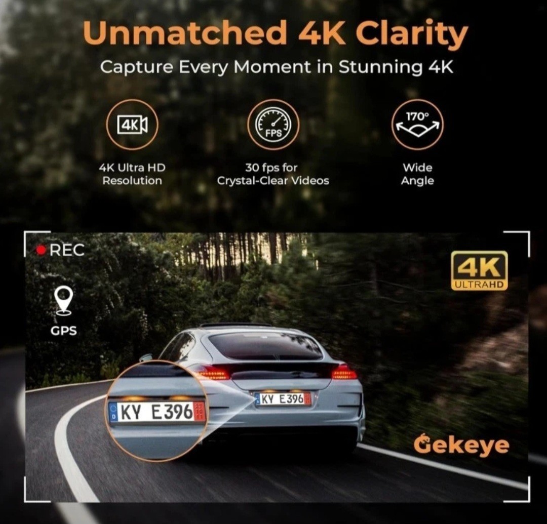 Gekeye 4K+1080P Dual Dash Cam w/ WiFi GPS Night Vision + 64GB SD | New Sealed