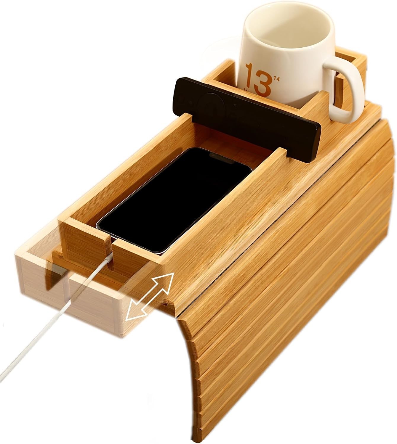 Bamboo Couch Arm Tray W/ Detachable Cup Holder 2 in 1 Foldable Anti-Falling