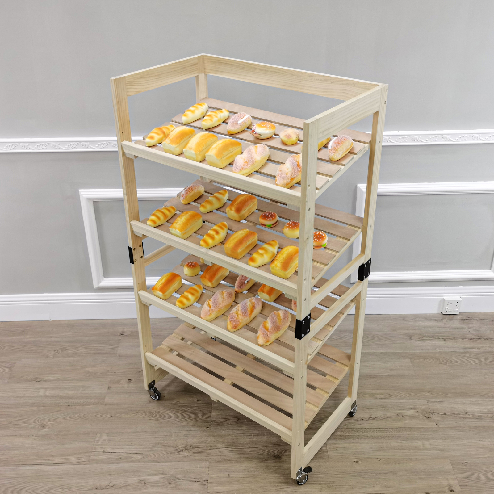 Bakery Bread Rack with Angled Shelves Wooden Display Rack Bread Store Rack