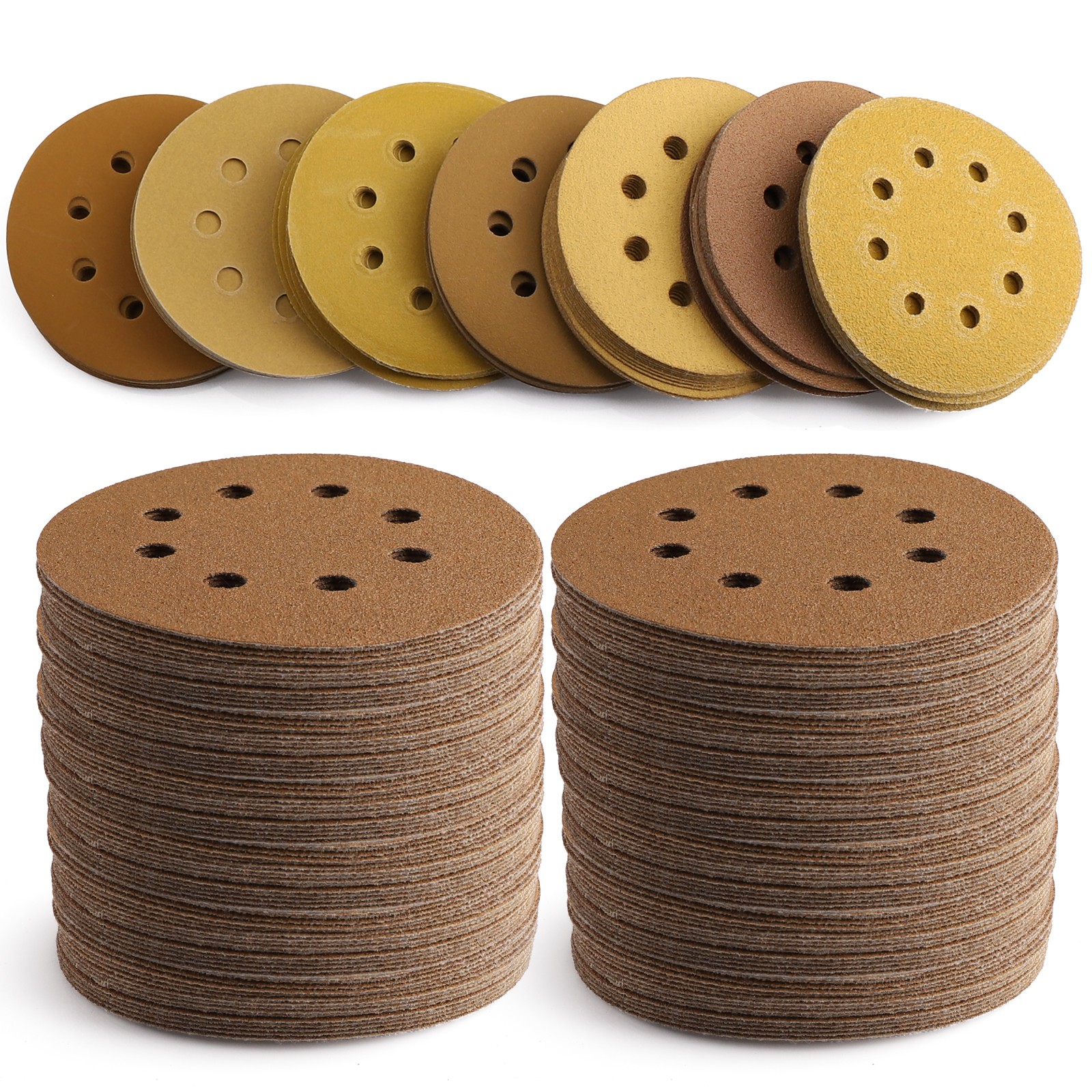 200Pcs 5 inch Sanding Discs 8-Hole Hook Loop for Orbital Sander Paper 60-400Grit