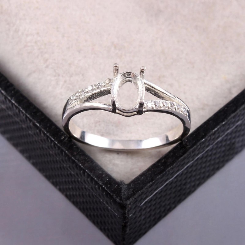 7x5mm Oval Semi Mount Ring 925 Sterling Silver White CZ Accented Setting