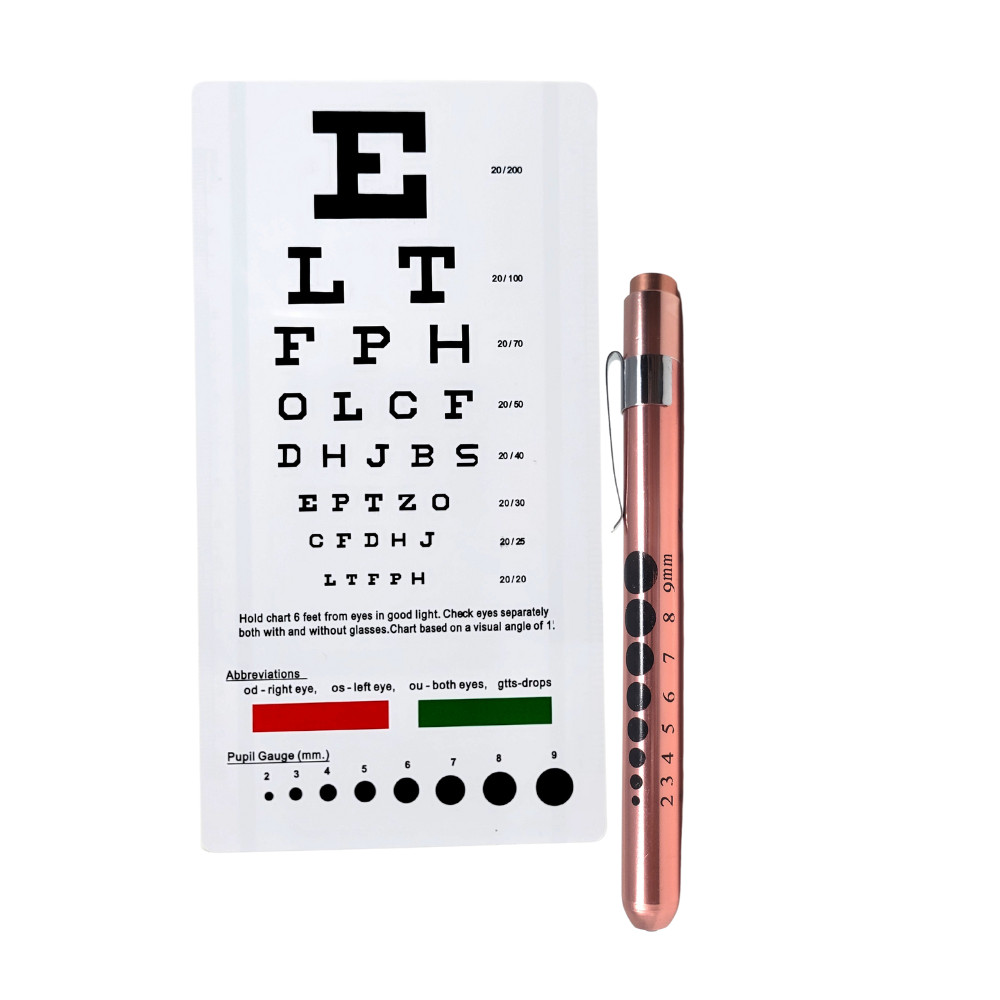 Medical Diagnostic Pocket Penlight Rose Gold + Snellen Chart w/ Red Green Lines