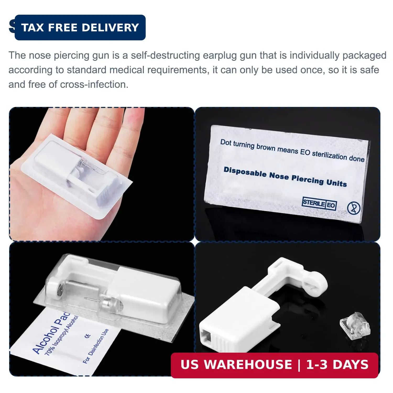 4-Pack Disposable Self Piercing Kit with Built-in Nose Studs, Very Safe Piercing