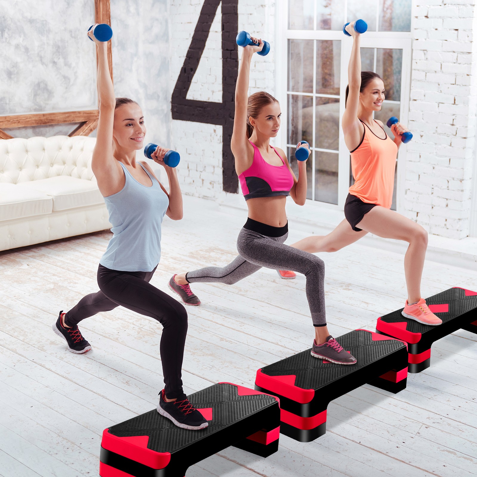 Adjustable Aerobic Stepper for Exercise 27" w/ 4''6''8'' Adjustable Risers Red