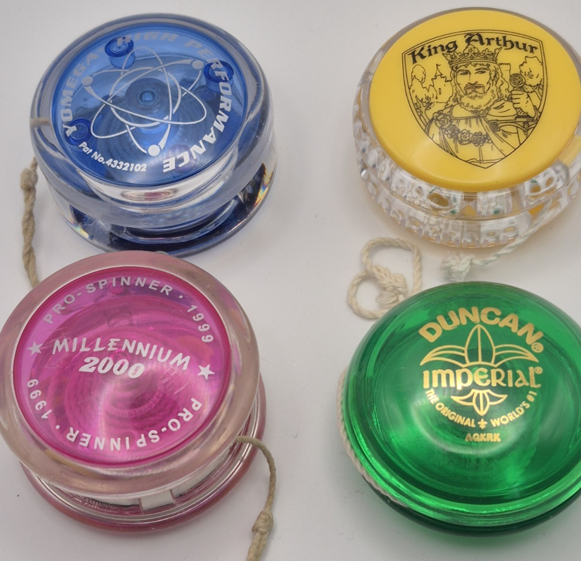 Lot Of 4 Yoyos , Duncan ,Yomega , Millennium 2000 ,King Arthur