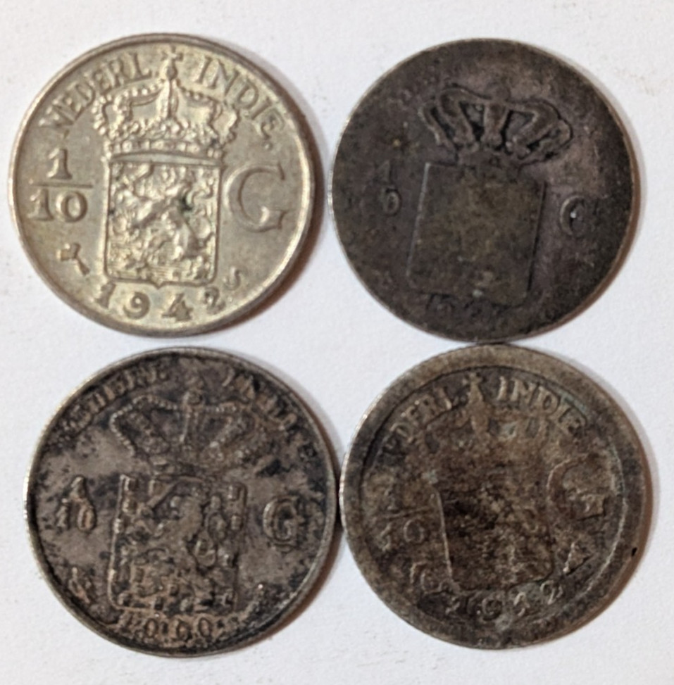 Lot of 4 0.720 Silver Netherlands East Indies 1/10 Gulden 1854 1900 1912 1942