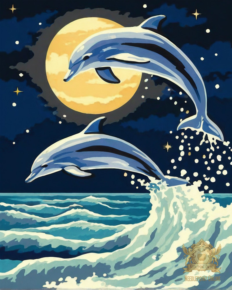 Jumping Dolphins in Moonlight Ocean Waves Printed Needlepoint Canvas #SD72