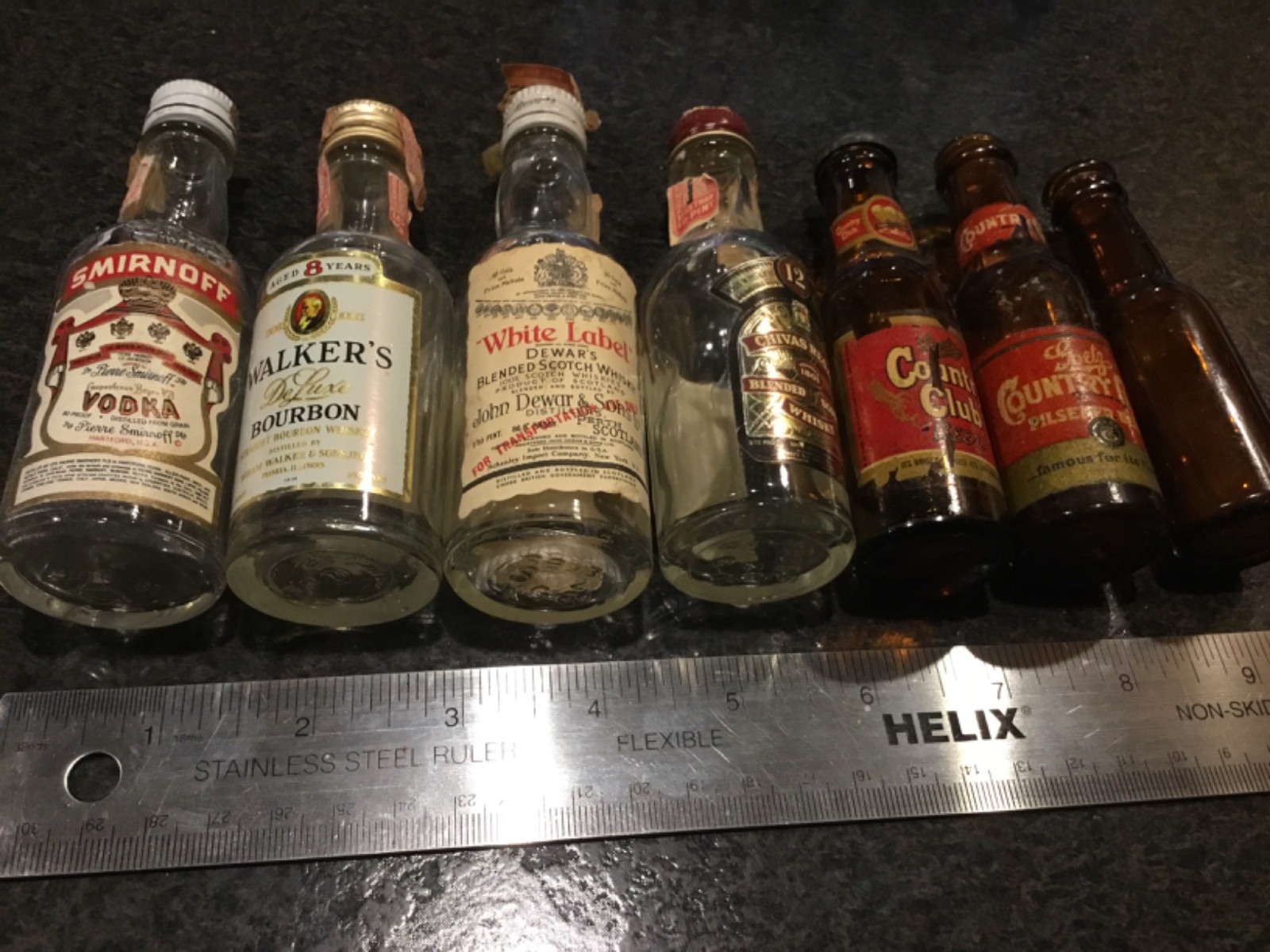 Vintage Airline Liquor Bottles EMPTY- 1/10 pint Goetz beer salt, TIA, Frontier