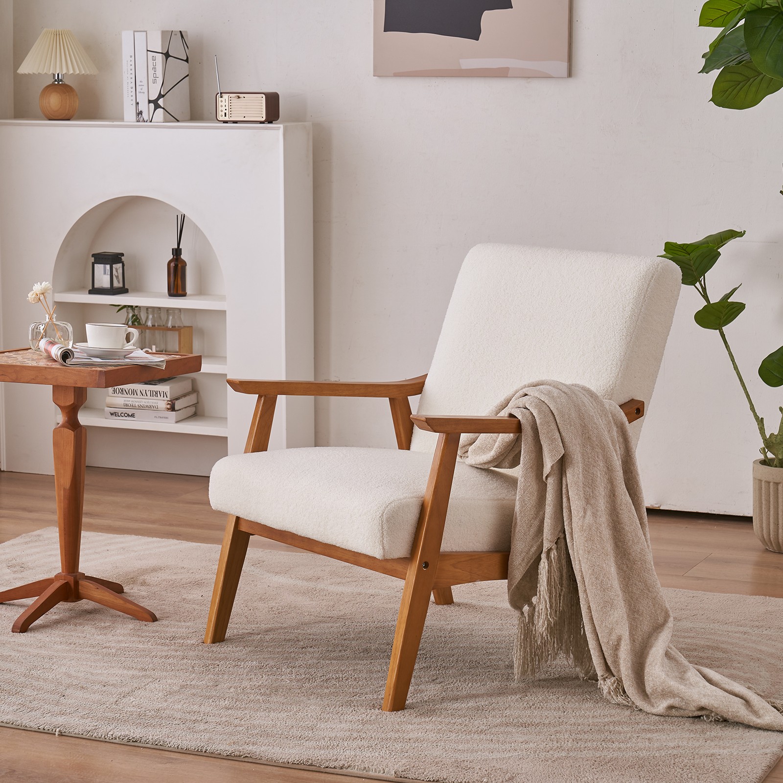 Wood Armrest Teddy Velvet Simple Single Indoor Lounge Chair Backrest Creamy