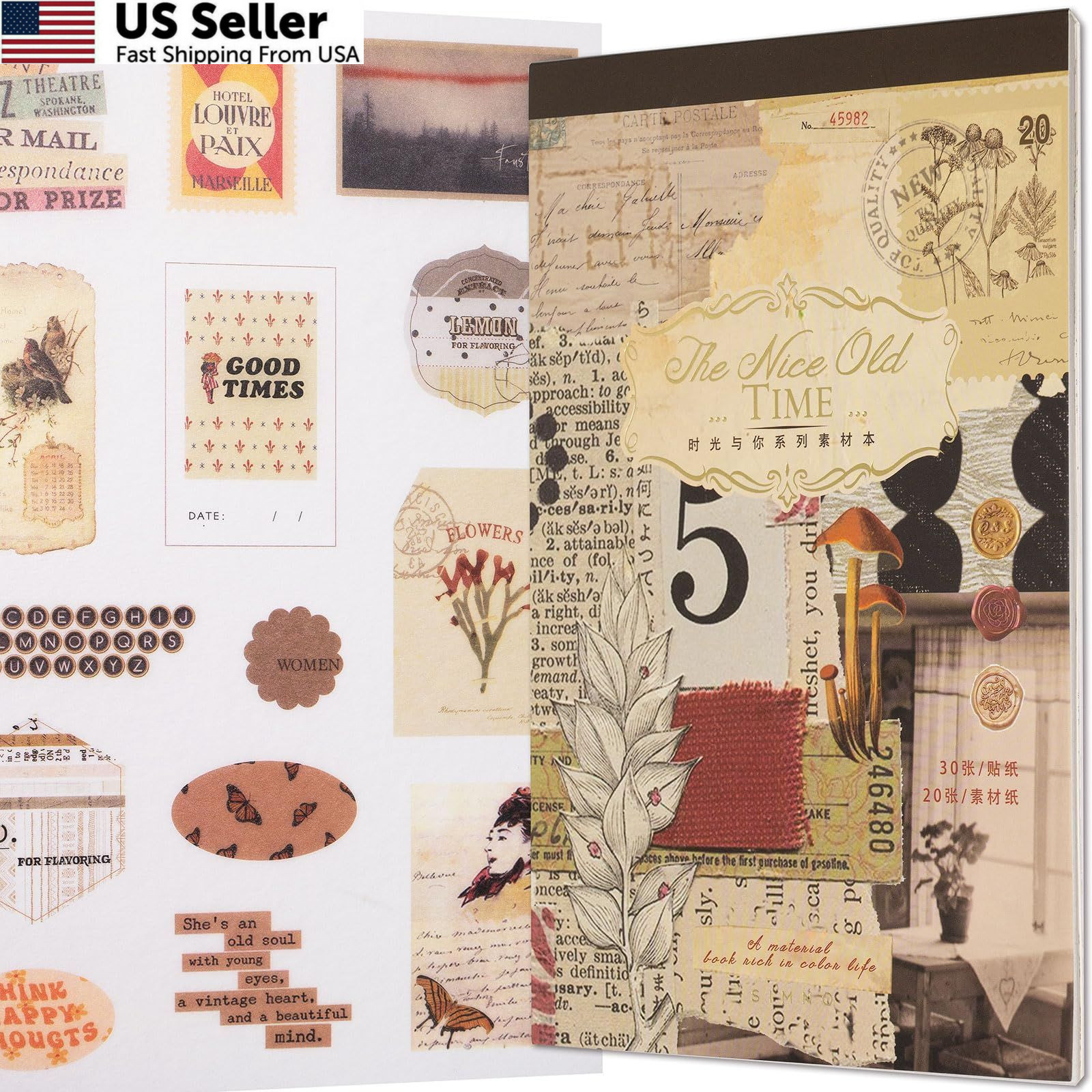 Vintage Junk Journal Sticker Book Aesthetic Scrapbook Supplies Pre-Cut Decor USA