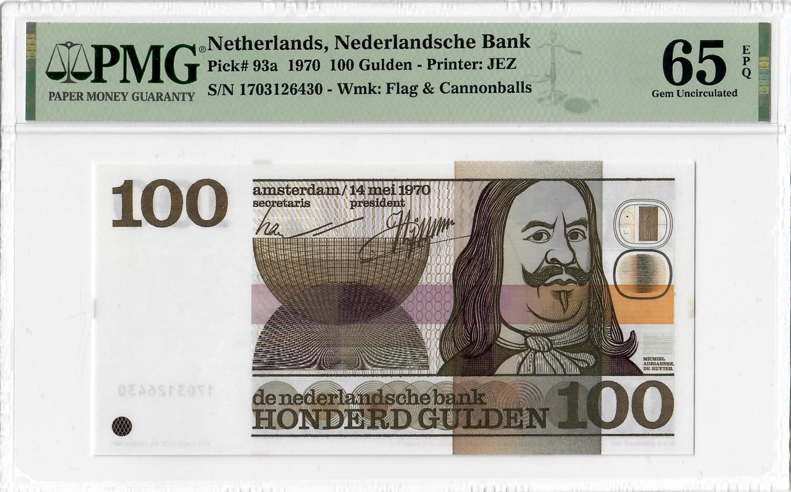 Netherlands 100 Gulden 1970, PMG 65 EPQ, "Nederlandsche Bank" Pick# 93a