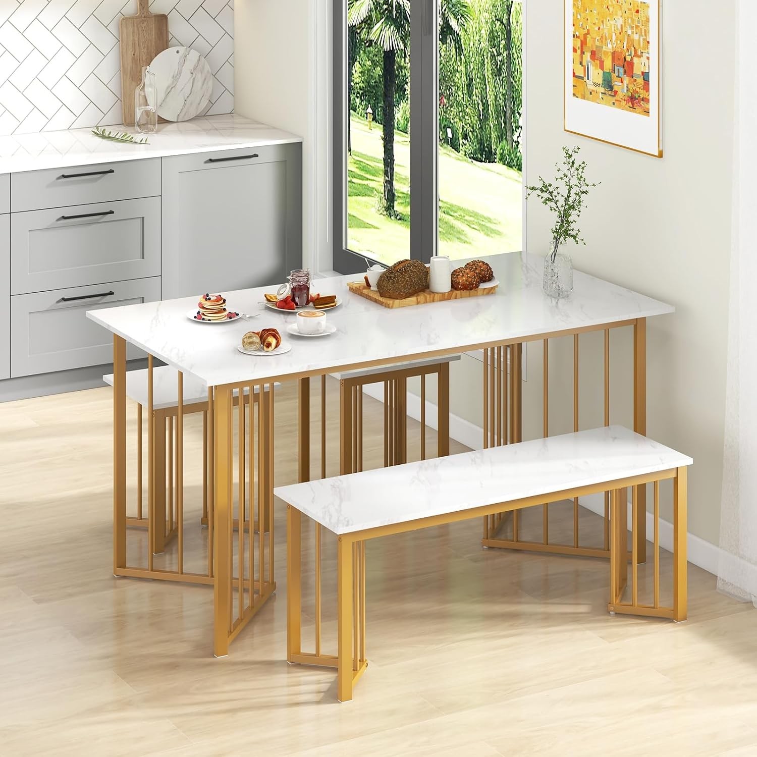 4-Piece Dining Table Set 4 Kitchen Table Chairs Set W/ Bench & 2 Stools