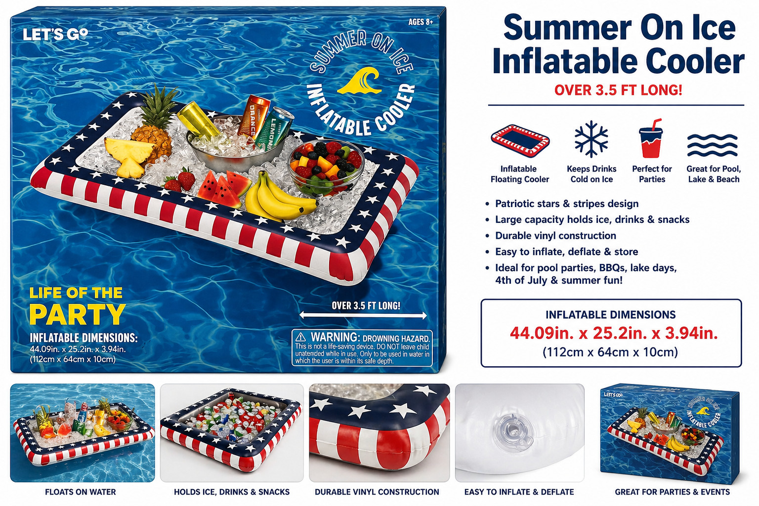 Summer On Ice Inflatable Cooler Pool Float Patriotic Drink Holder Party Raft NEW