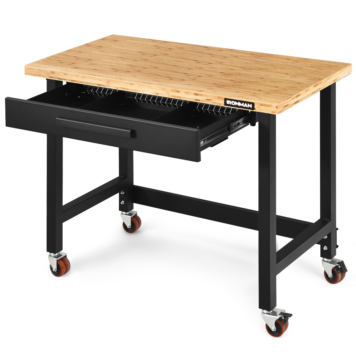 48 Inch Mobile Workbench Bamboo Top Modern w/Rubber Wheels and Organizer Drawer