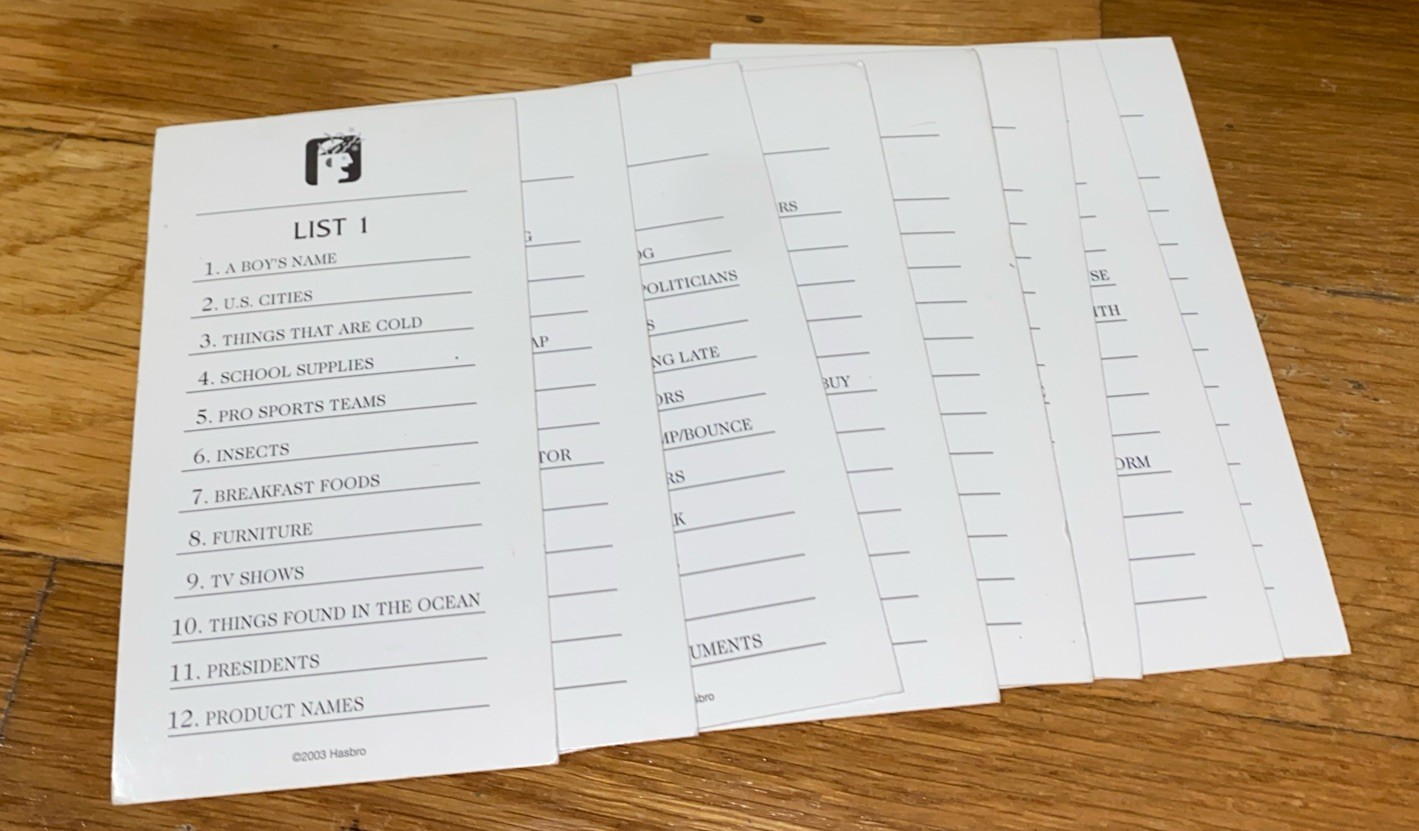 Scattergories Set of List Cards Complete 1-16 - Hasbro 2003 Replacement Parts