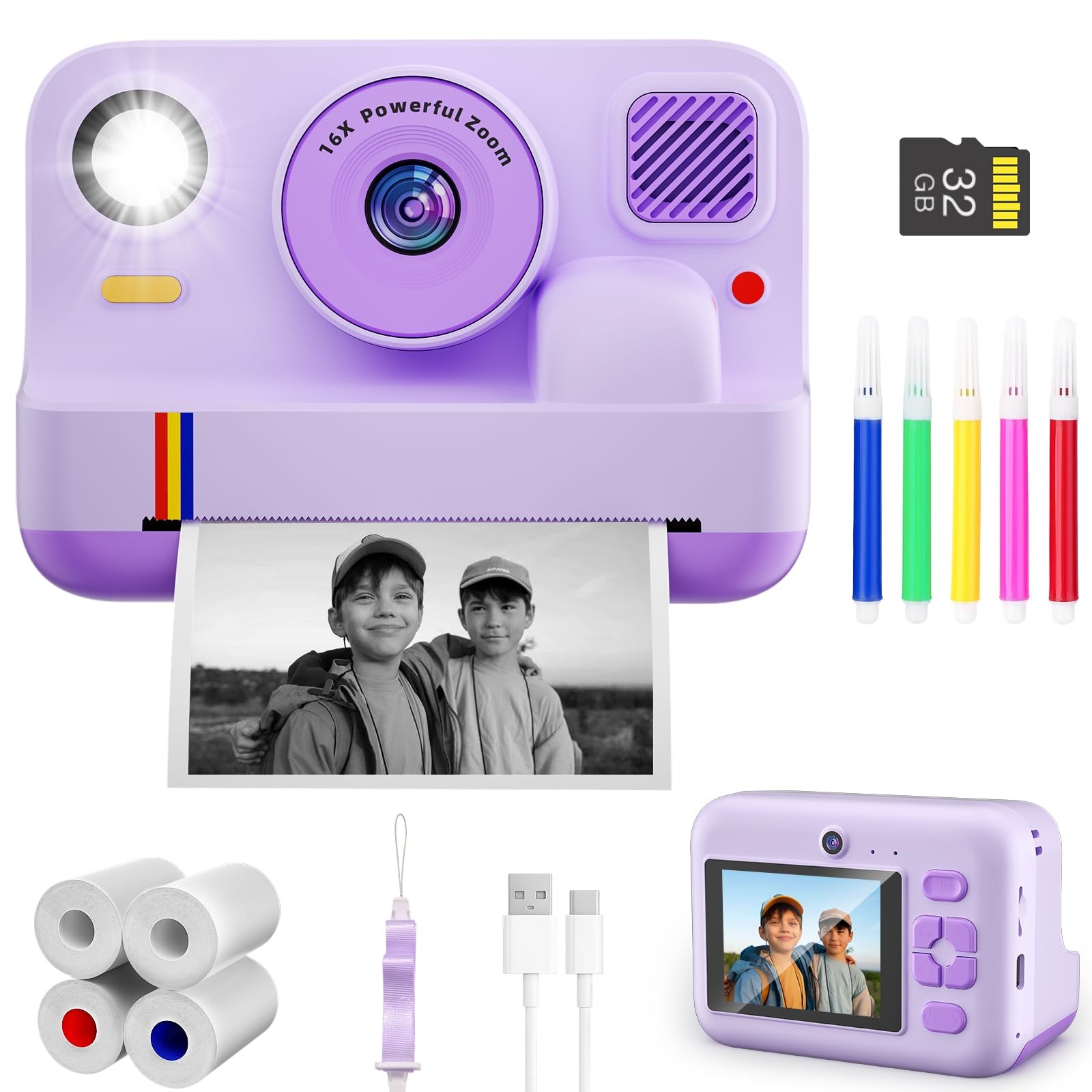Digital for , App Printing, 1080P Video, Dual-Lens Selfie Digital with 32G SD...