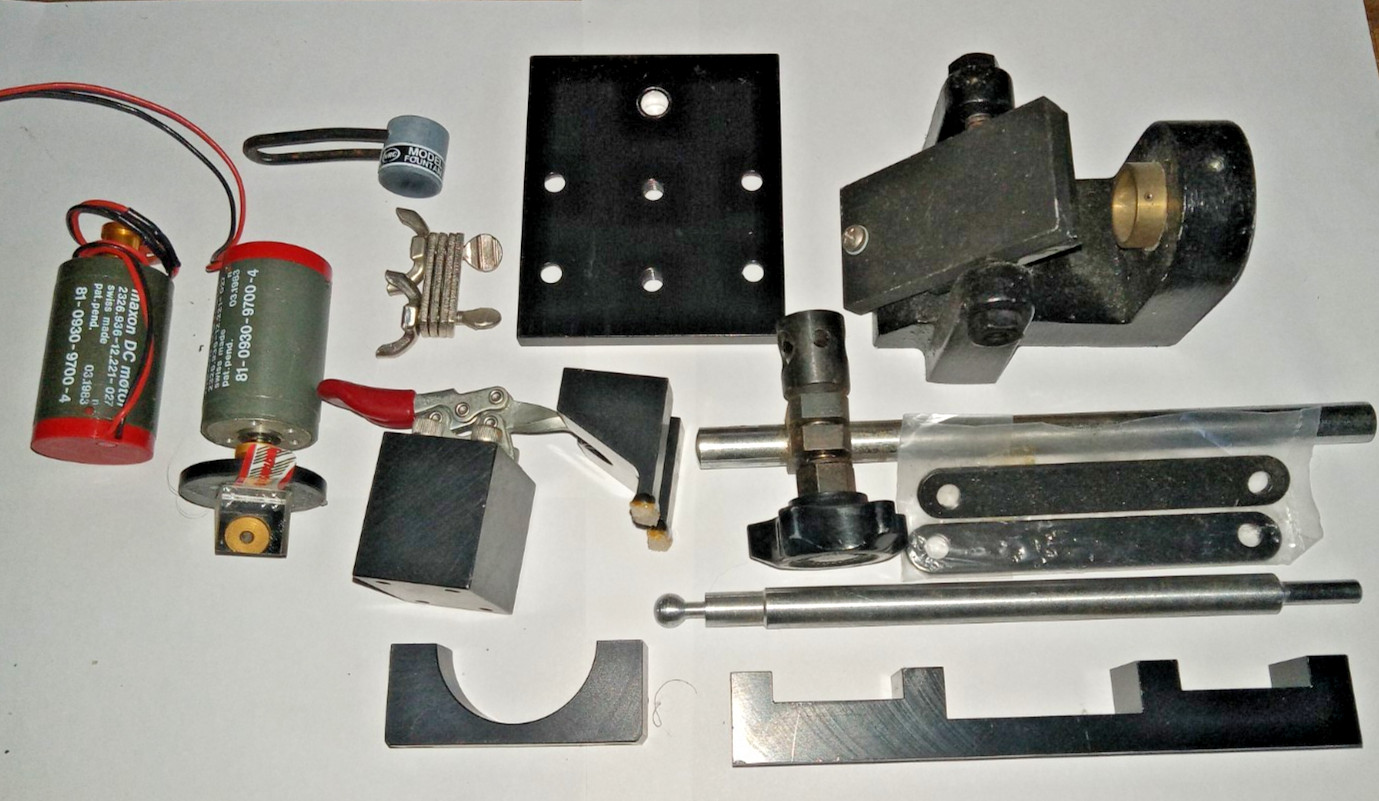 LOT OF VARIOUS LASER PARTS INCL 2 MAXON MOTORS, 90 DEGREE MIRROR, CLAMPS, MISC