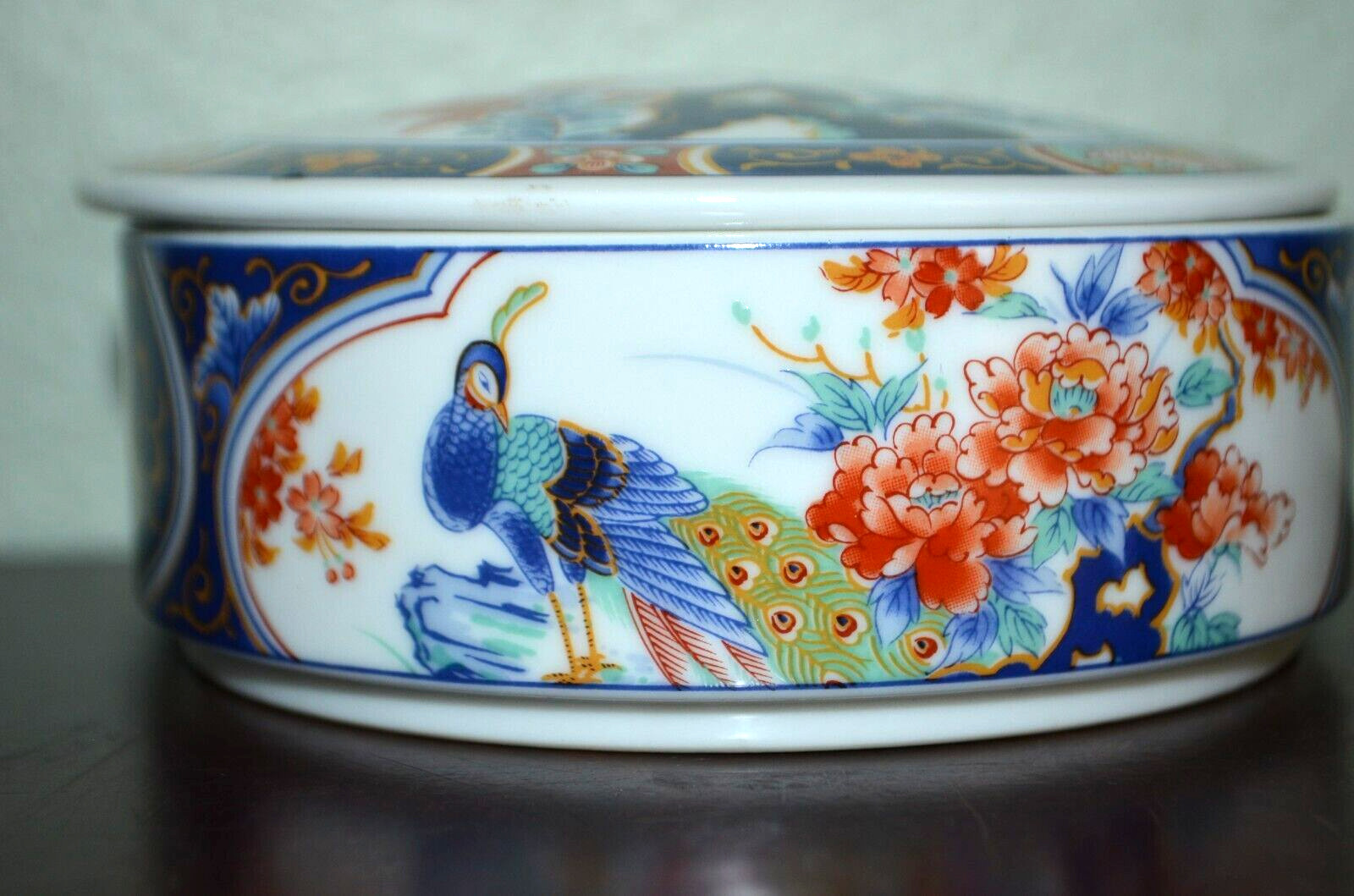 Vintage Asian ornate  floral and Peacock porcelain trinket box