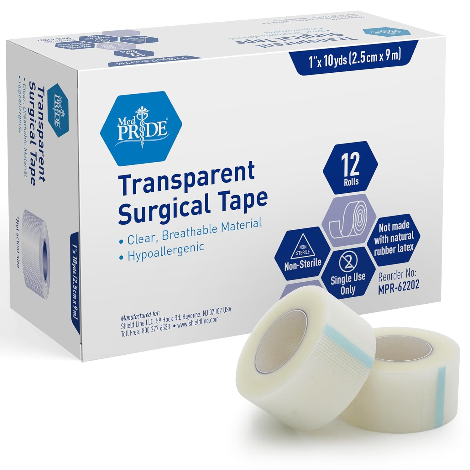 1" x 10 Yds Transparent Medical Tape, 12 Pack - Clear Adhesive Surgical Bandage