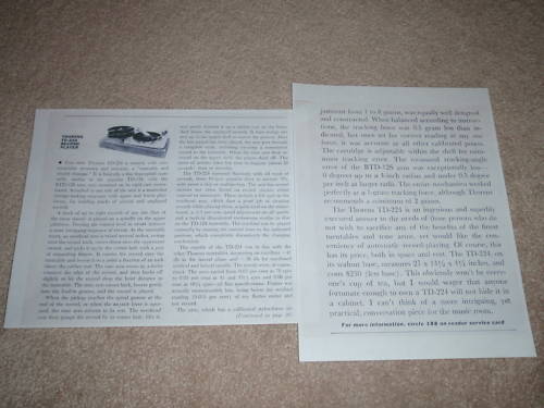 Thorens TD-224 Record Changer Review,2 pgs, 1964, RARE!