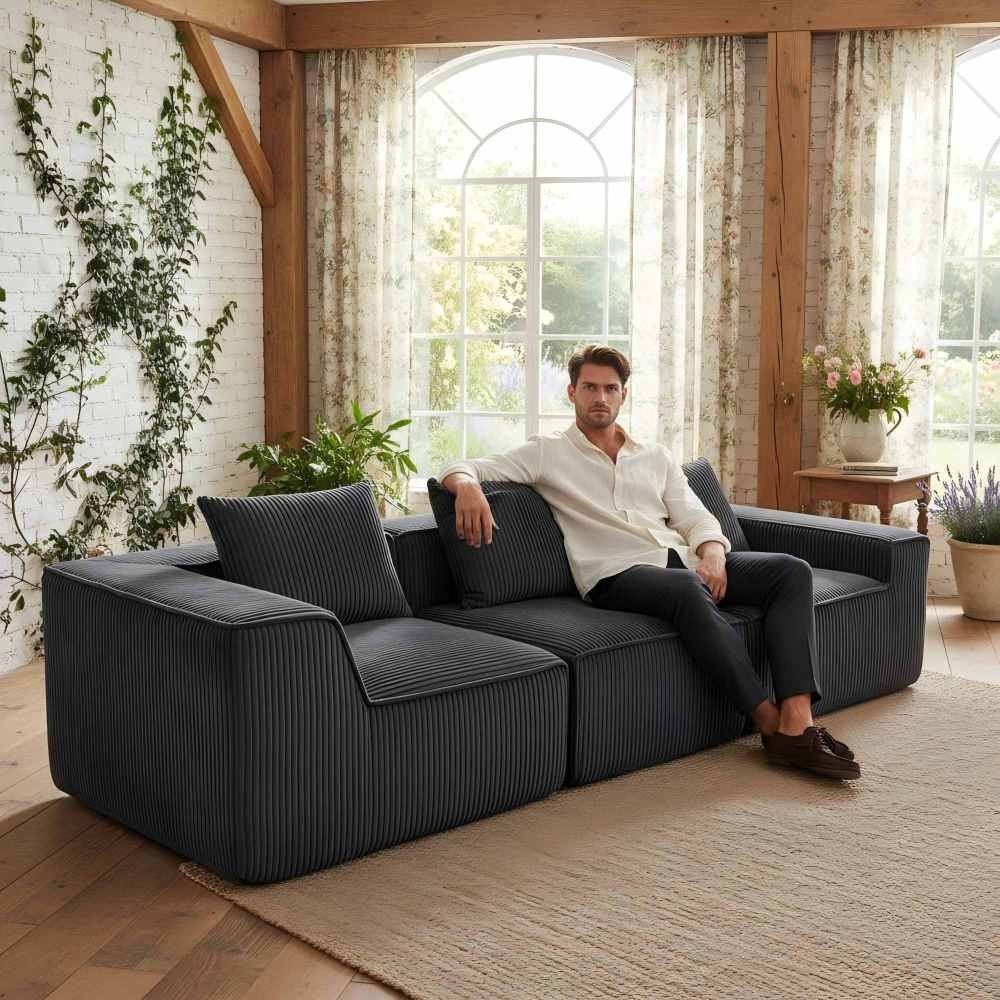 Dark Gray Corduroy Modular Sectional Sofa, 3-Seat Deep Seating