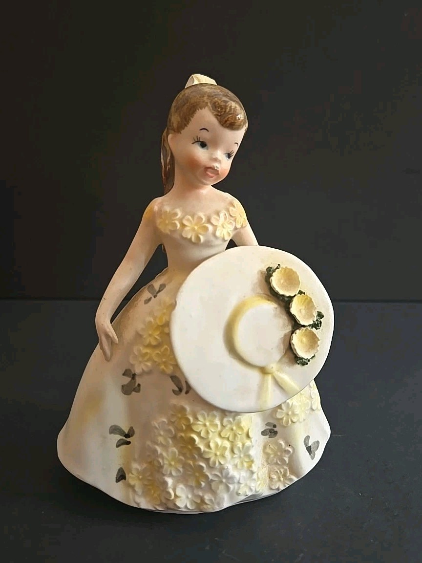 LEFTON CERAMIC SOUTHERN BELLE WHITE DRESS YELLOW FLOWERS 7" PLANTER 3138