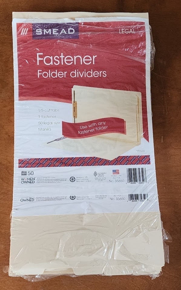 Smead 1 Fastener Folder Dividers 1/5 Cut Tab Manila Legal Size 50ct 35650 FLAW
