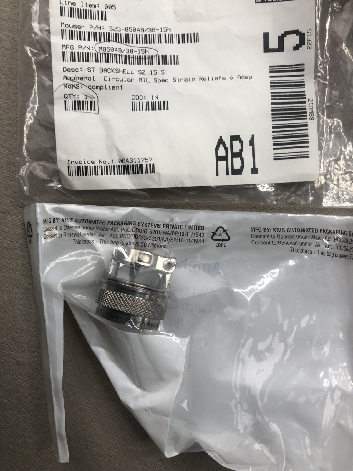 Amphenol M85049/38–15N Circular MIL Spec Strain Relief Backshell