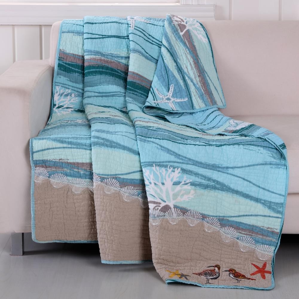 Maui Multi Quilted Cotton Throw Turquoise Teal Ocean Blue Waves Blanket
