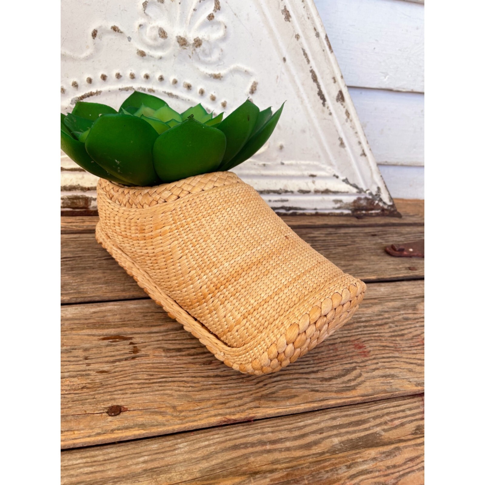 Vintage 1970s Woven Grass Shoe Planter Boho
