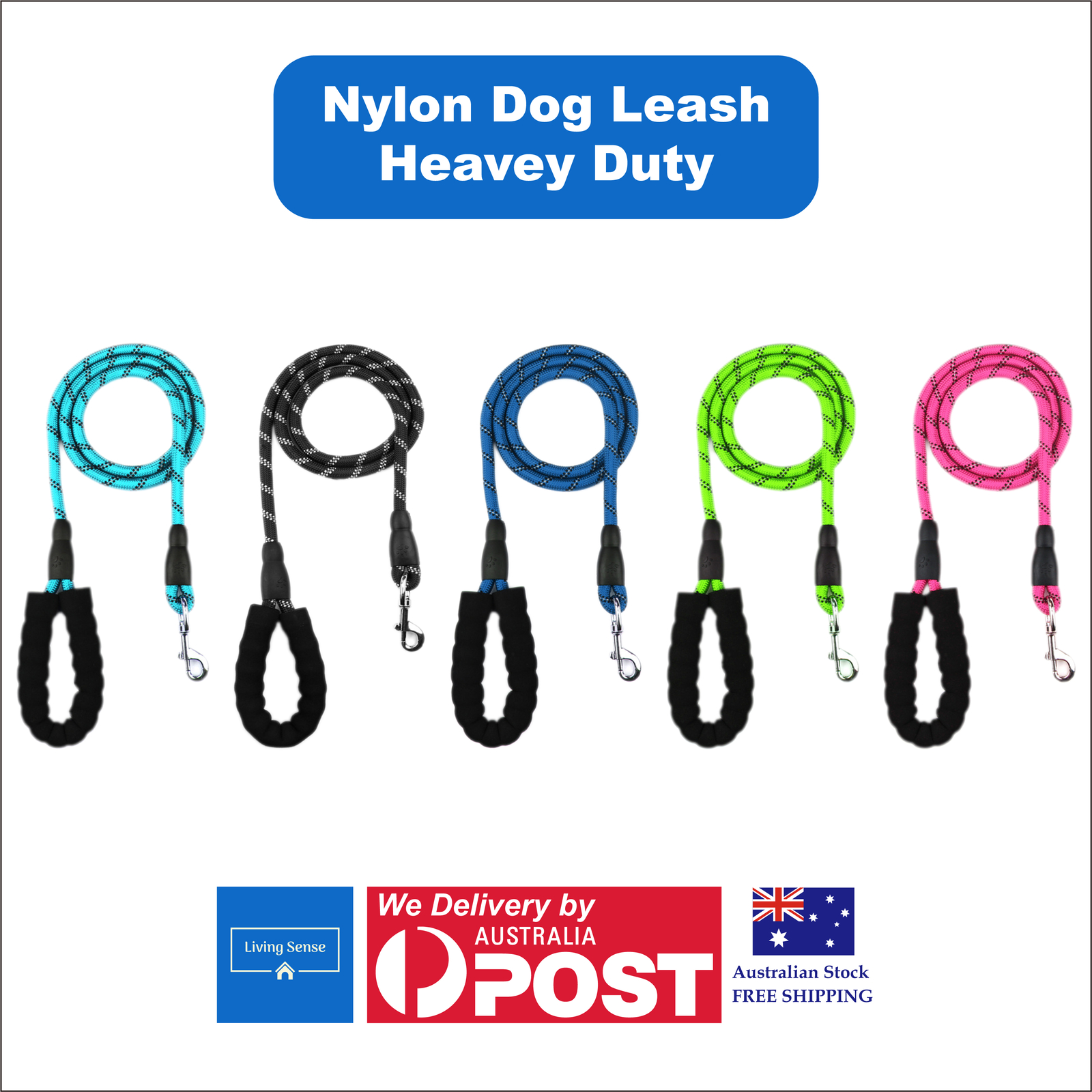 Nylon Dog Leash Heavy Duty Lead with Padded Handle and Reflective Threads 1.2cm